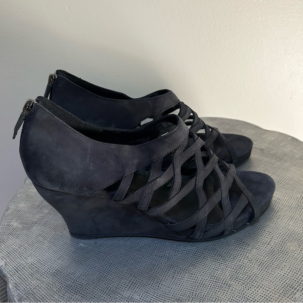 Eileen Fisher ~Black Cage Open Toe Italian Leather Nubuck Wedges Shoes size 9.5